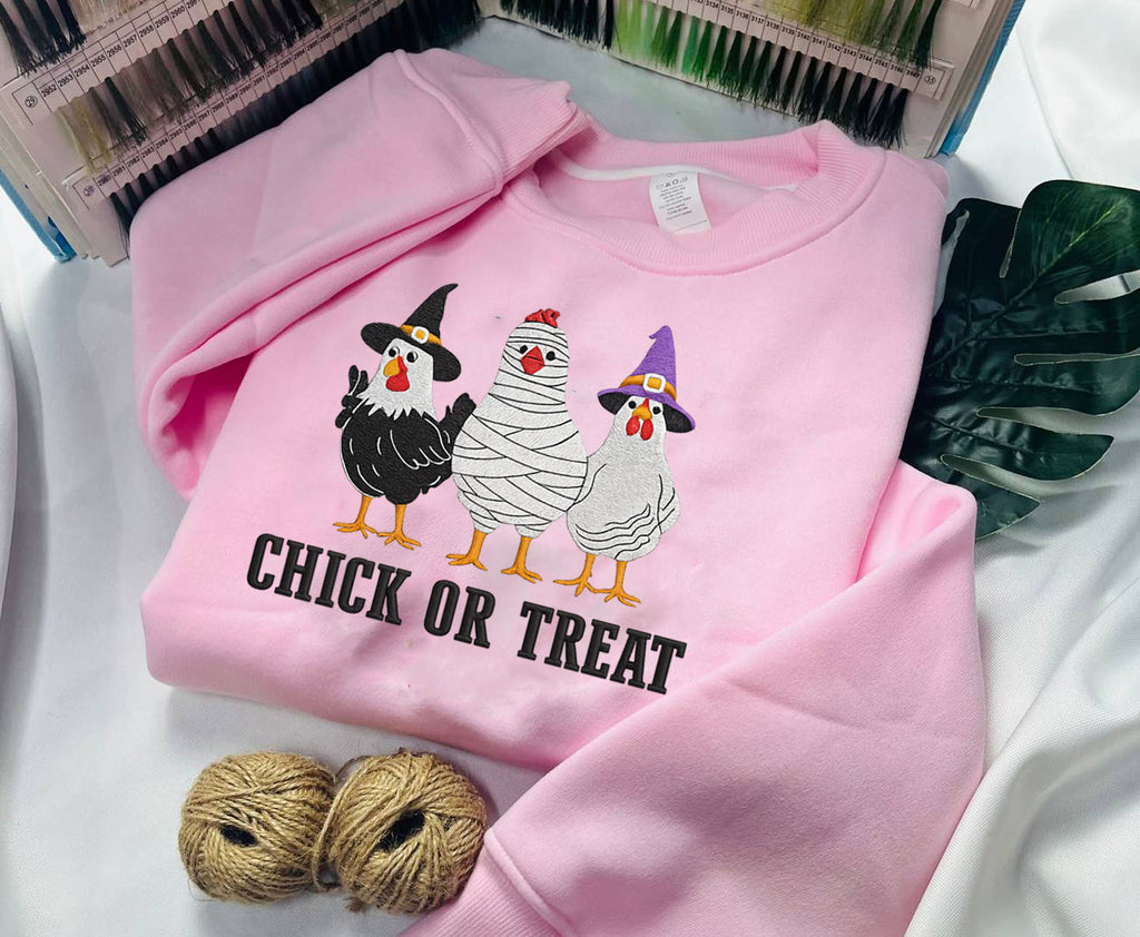Trick or Treat Chicken Embroidered Sweatshirt, Chicken Embroidered T-shirt Gift For Halloween