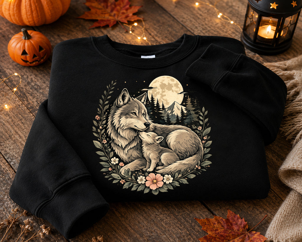 Wolf Mother and Cub Sweatshirt | Vintage Wildlife Crewneck, Nature Lover Gift