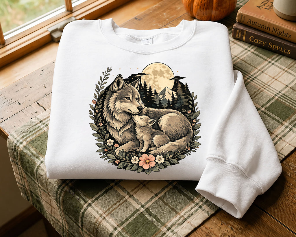 Wolf Mother and Cub Sweatshirt | Vintage Wildlife Crewneck, Nature Lover Gift