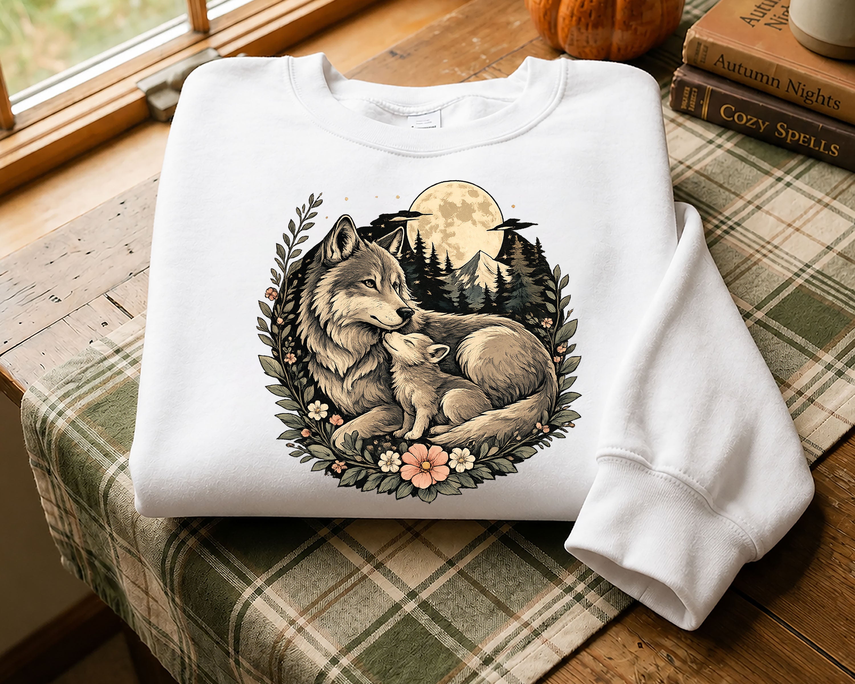 Wolf Mother and Cub Sweatshirt | Vintage Wildlife Crewneck, Nature Lover Gift
