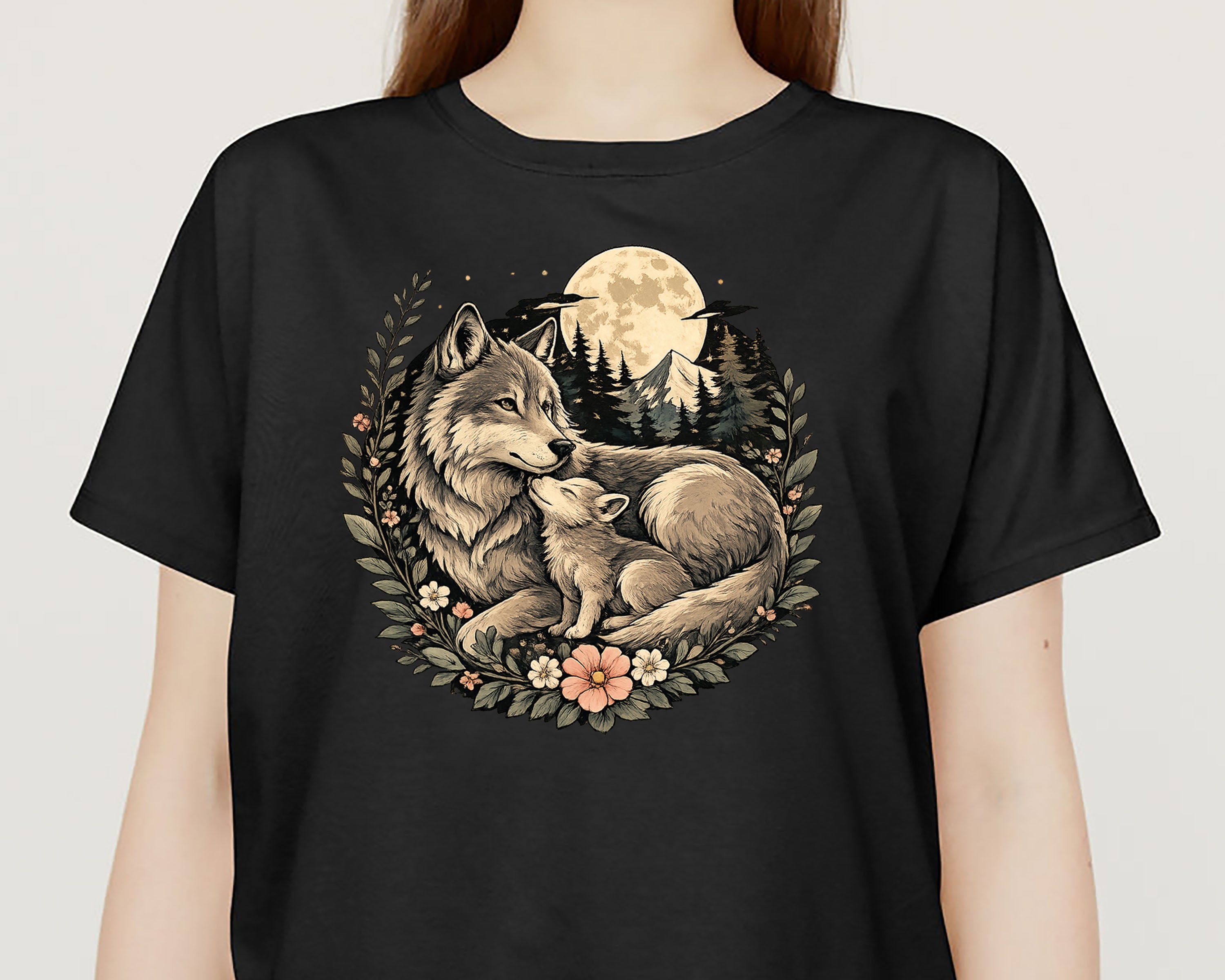 Wolf Mother and Cub Sweatshirt | Vintage Wildlife Crewneck, Nature Lover Gift