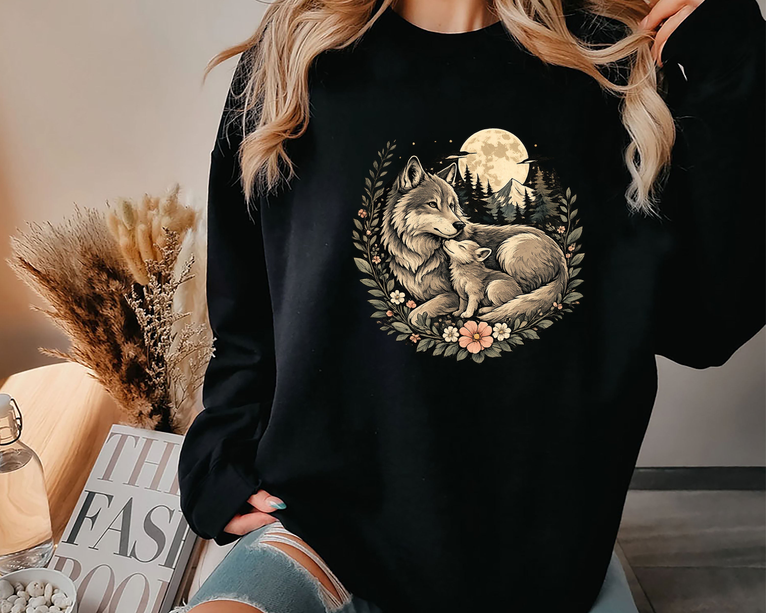 Wolf Mother and Cub Sweatshirt | Vintage Wildlife Crewneck, Nature Lover Gift