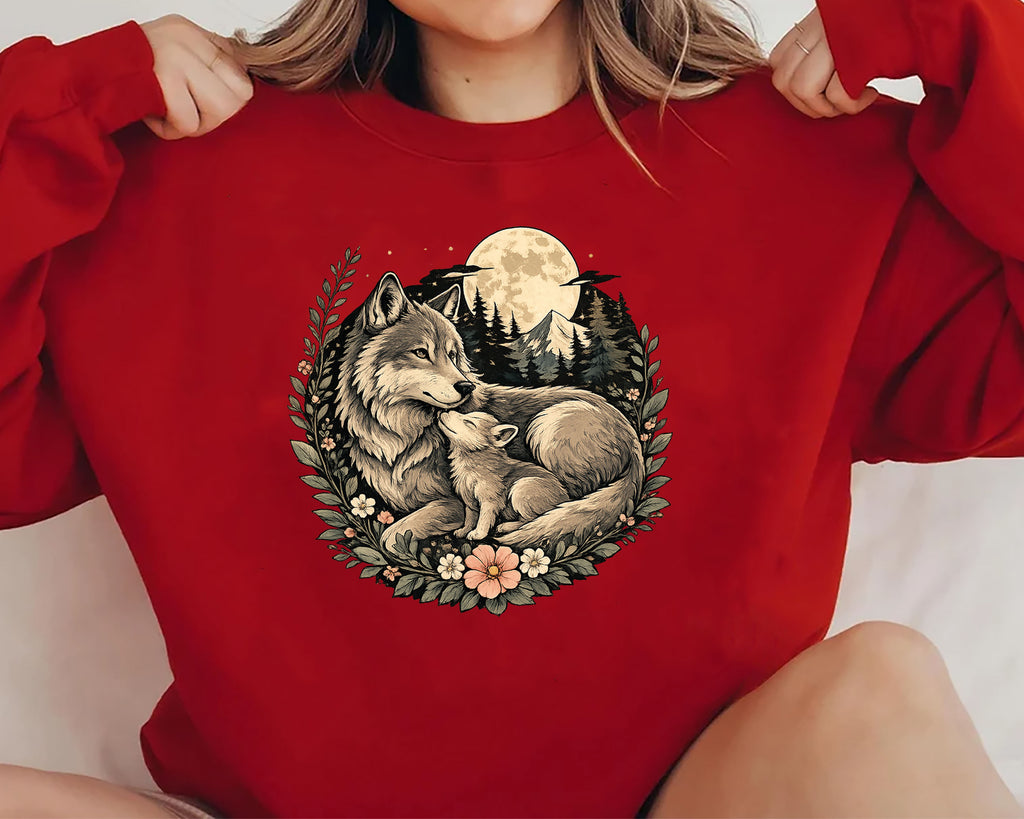 Wolf Mother and Cub Sweatshirt | Vintage Wildlife Crewneck, Nature Lover Gift