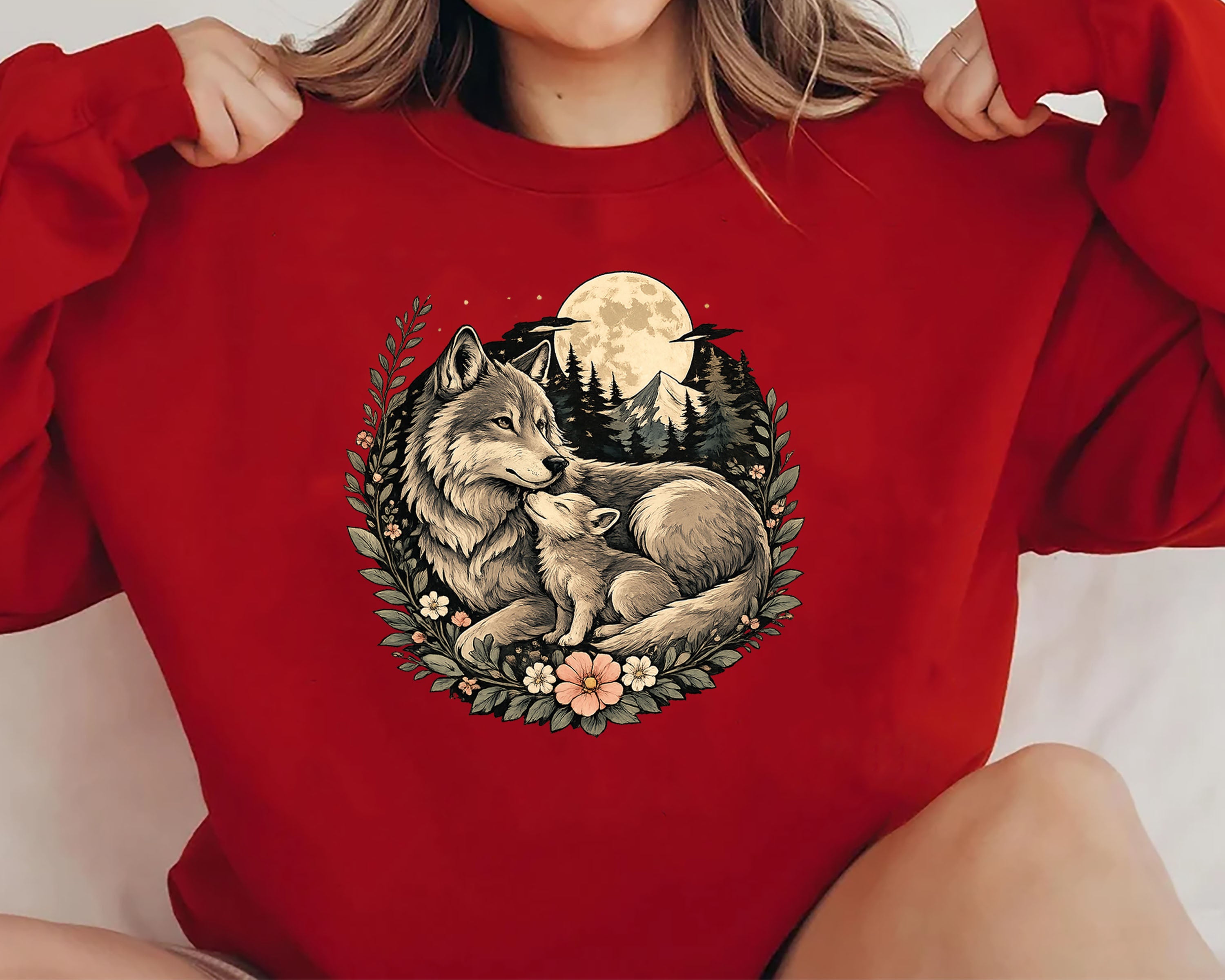 Wolf Mother and Cub Sweatshirt | Vintage Wildlife Crewneck, Nature Lover Gift