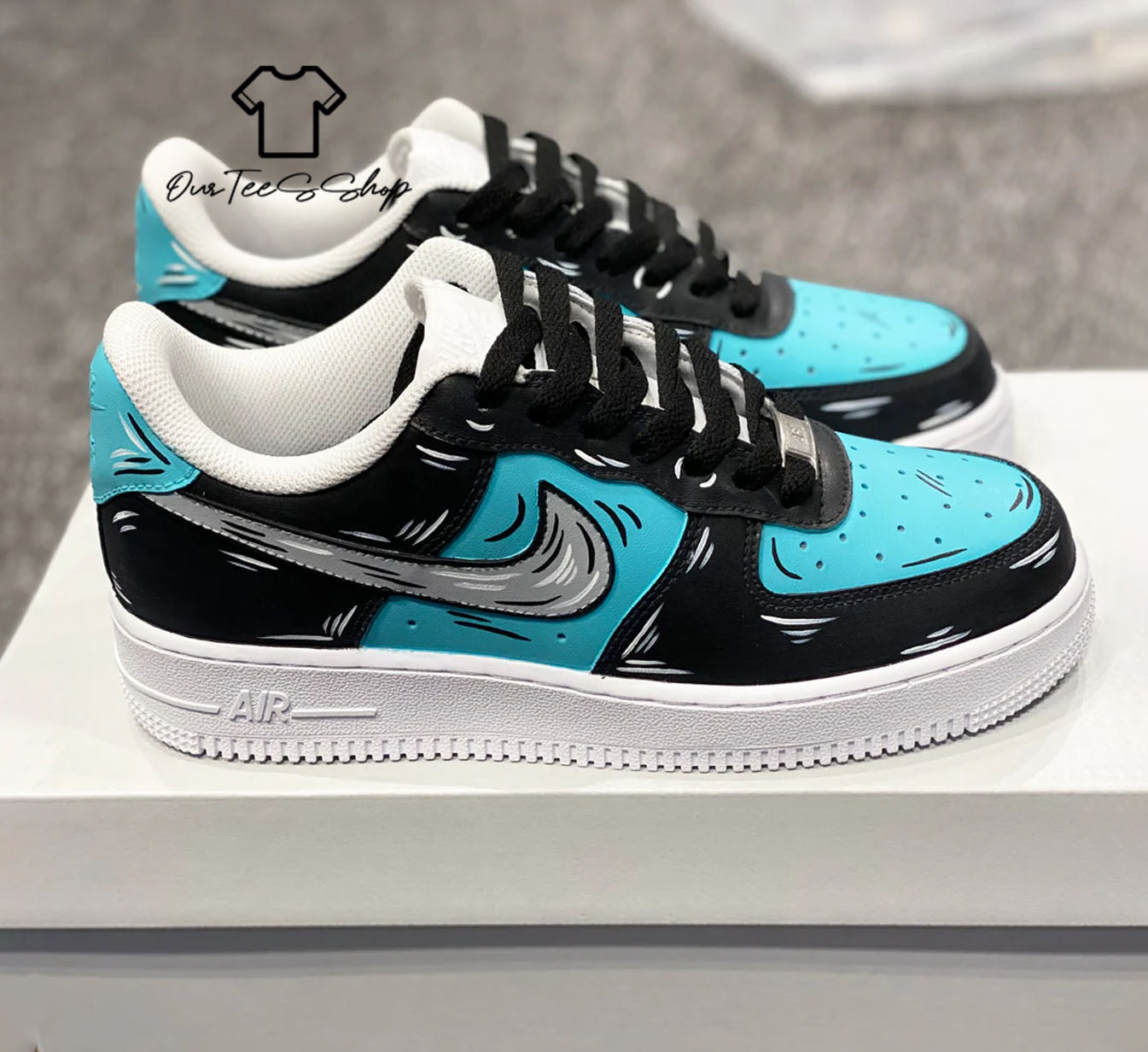 Custom Air Force 1 Black Blue Cartoon Sneakers
