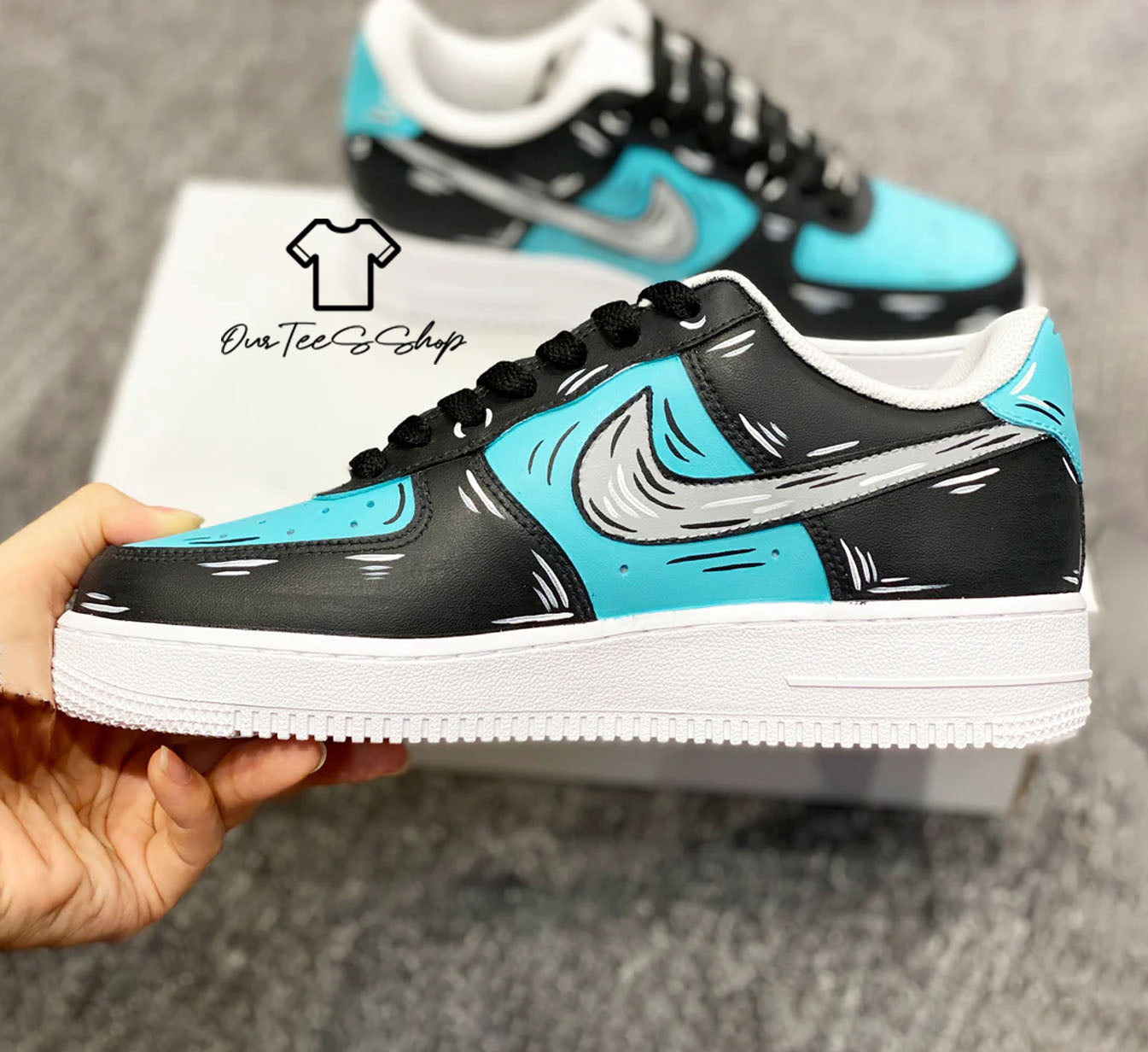 Custom Air Force 1 Black Blue Cartoon Sneakers