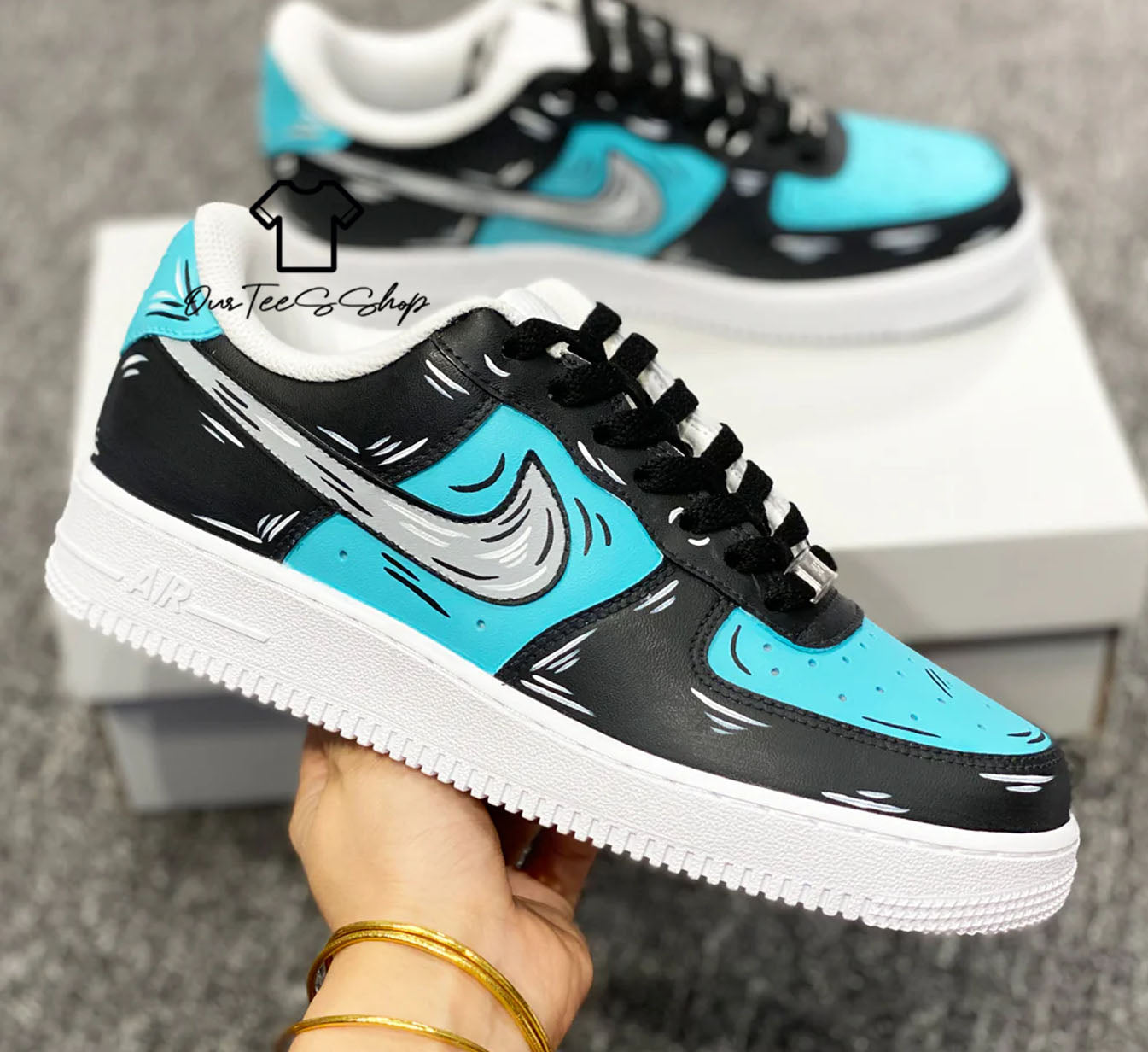 Custom Air Force 1 Black Blue Cartoon Sneakers