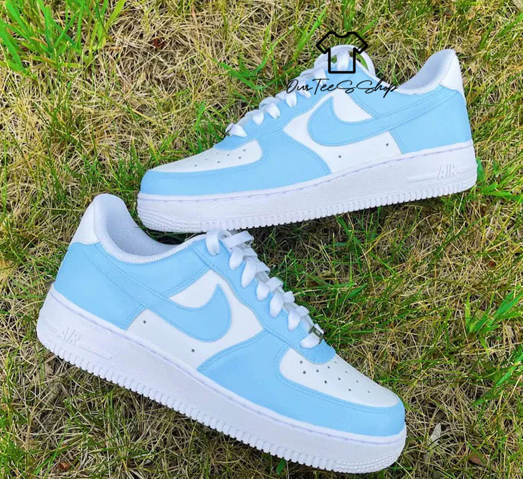Custom Air Force 1 Blue And White Sneakers