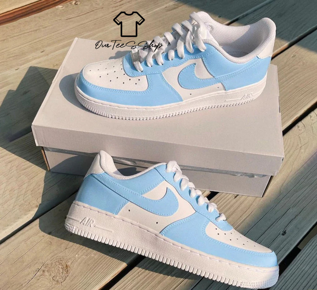 Custom Air Force 1 Blue And White Sneakers