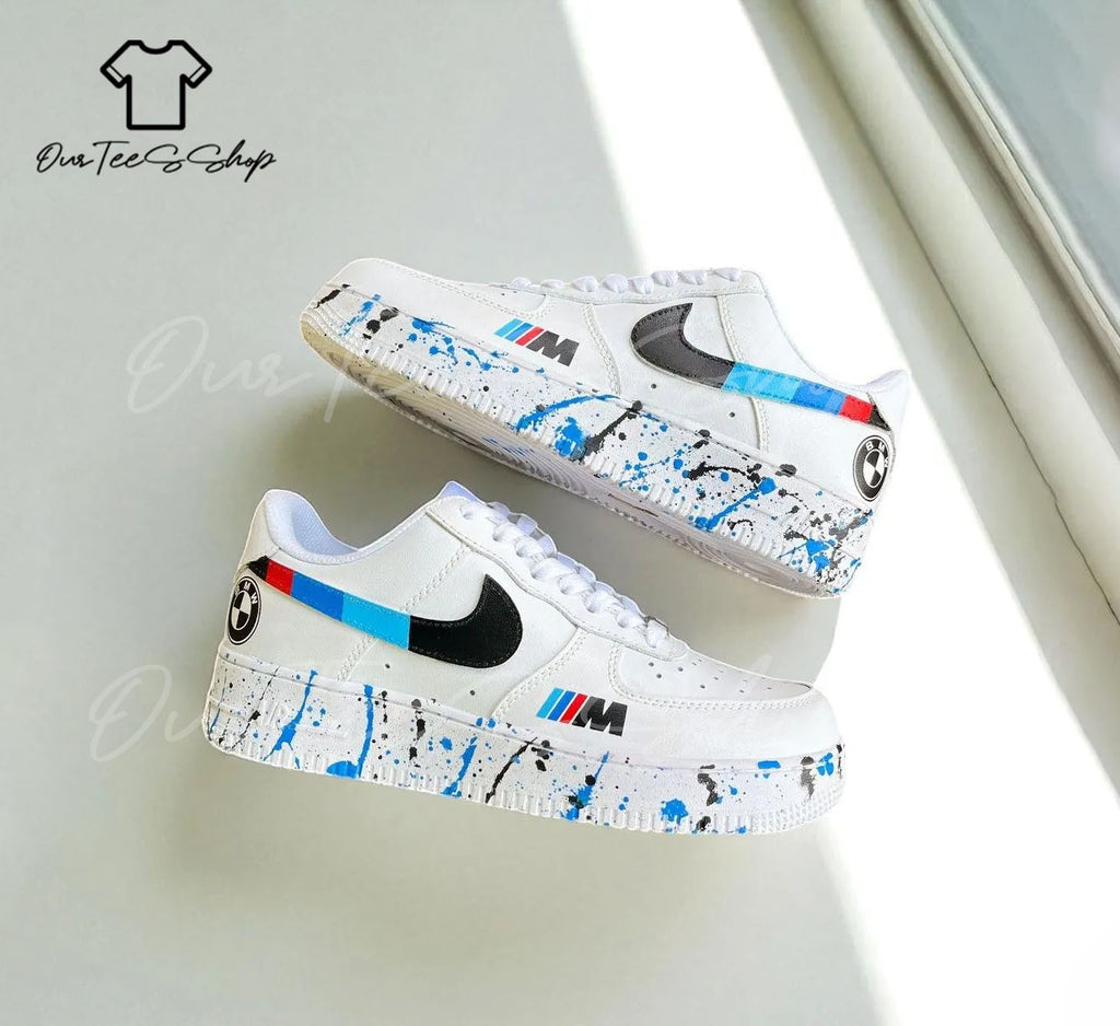 Custom White With BMW Logo And Blue Splatter Air Force 1 Sneakers