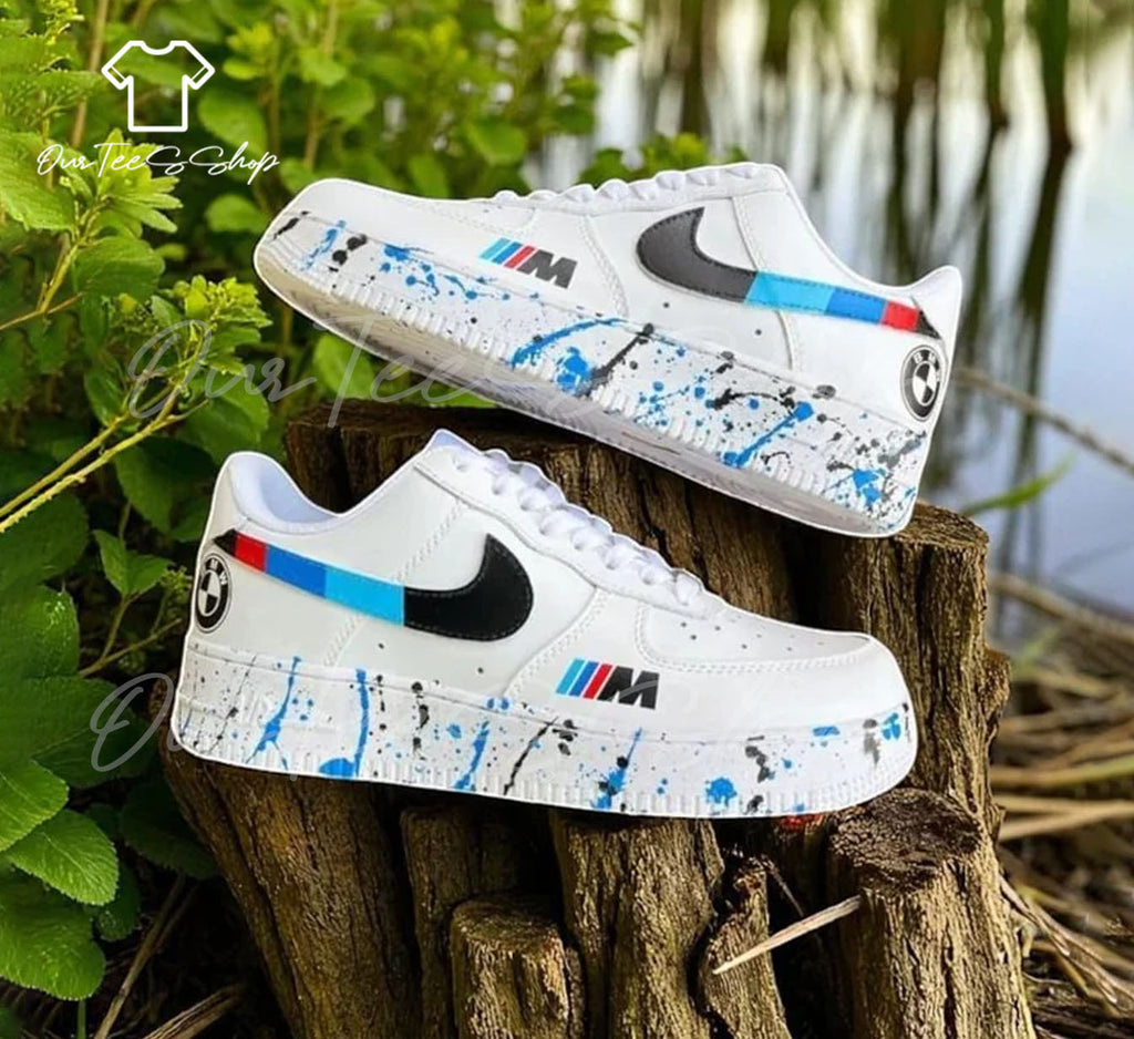 Custom White With BMW Logo And Blue Splatter Air Force 1 Sneakers