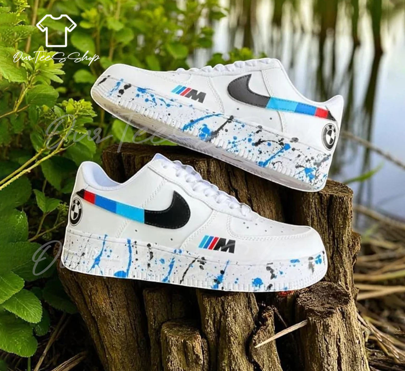 Custom White With BMW Logo And Blue Splatter Air Force 1 Sneakers