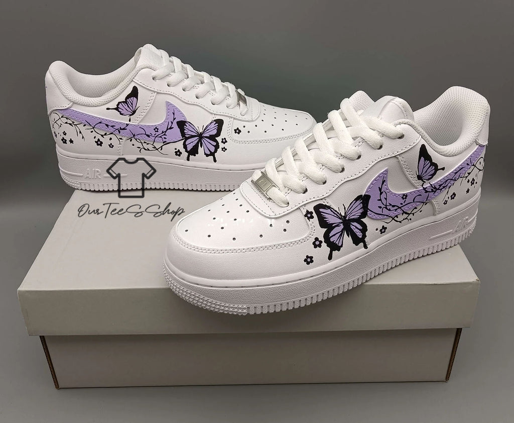 Custom Air Force 1 Purple Butterfly Mint Sneakers