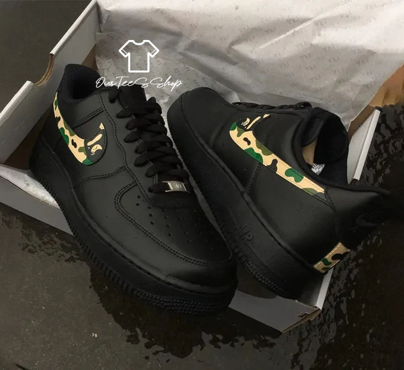 Custom Air Force 1 Camo Swoosh Black Sneakers