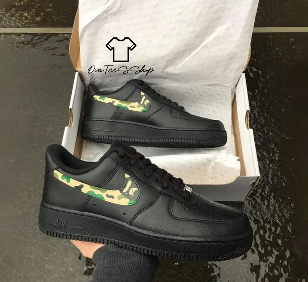 Custom Air Force 1 Camo Swoosh Black Sneakers