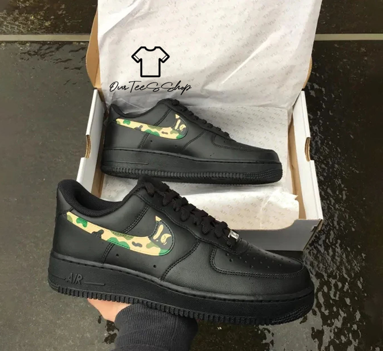Custom Air Force 1 Camo Swoosh Black Sneakers
