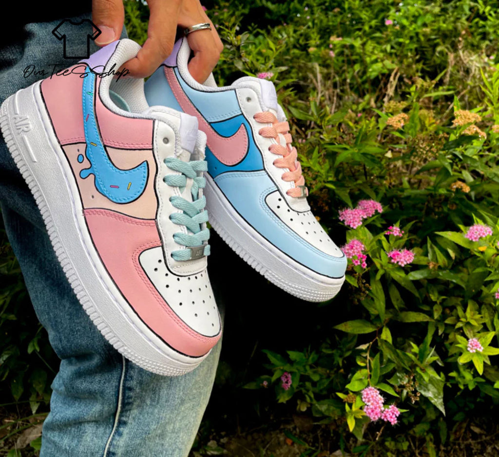 Custom Air Force 1 Pink Blue Swoosh Sneakers
