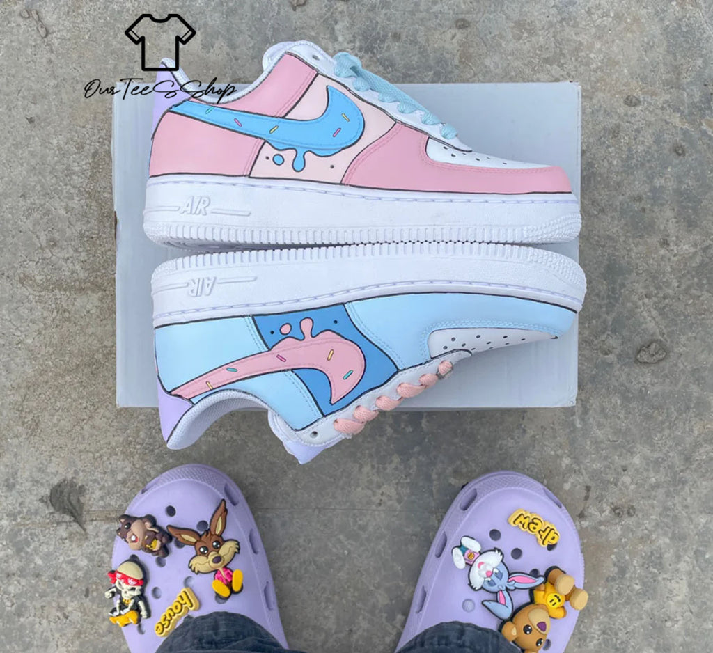 Custom Air Force 1 Pink Blue Swoosh Sneakers