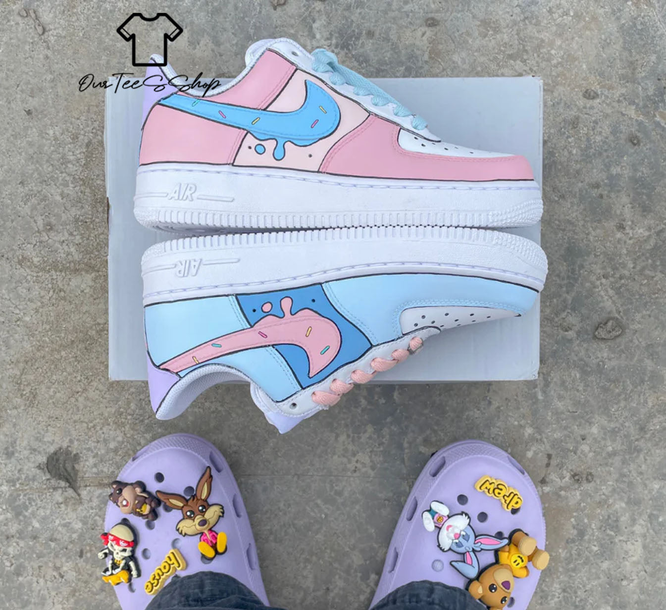 Custom Air Force 1 Pink Blue Swoosh Sneakers