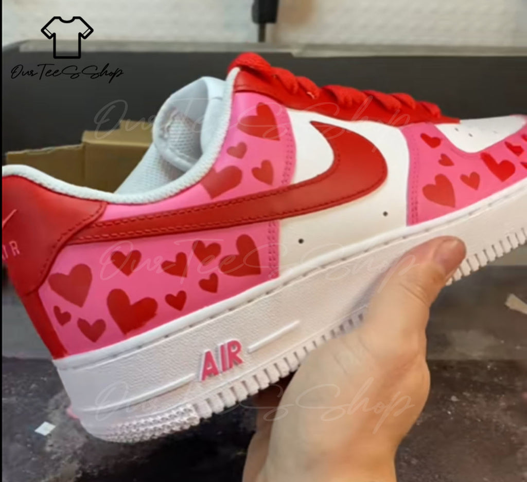 Custom Air Force 1 Pink Red Mid Valentines Sneakers