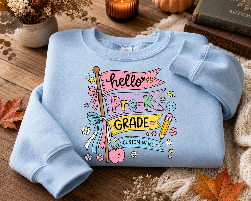 Personalized Hello Pre-K Grade Shirt, Custom Name Back to School Tee