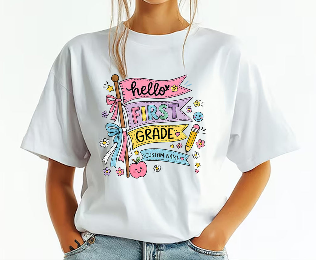 Personalized Hello First Grade Shirt | Custom Name Back to School Tee