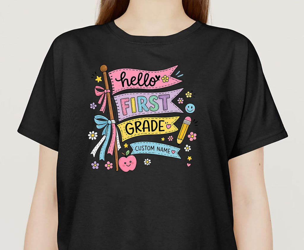 Personalized Hello First Grade Shirt | Custom Name Back to School Tee