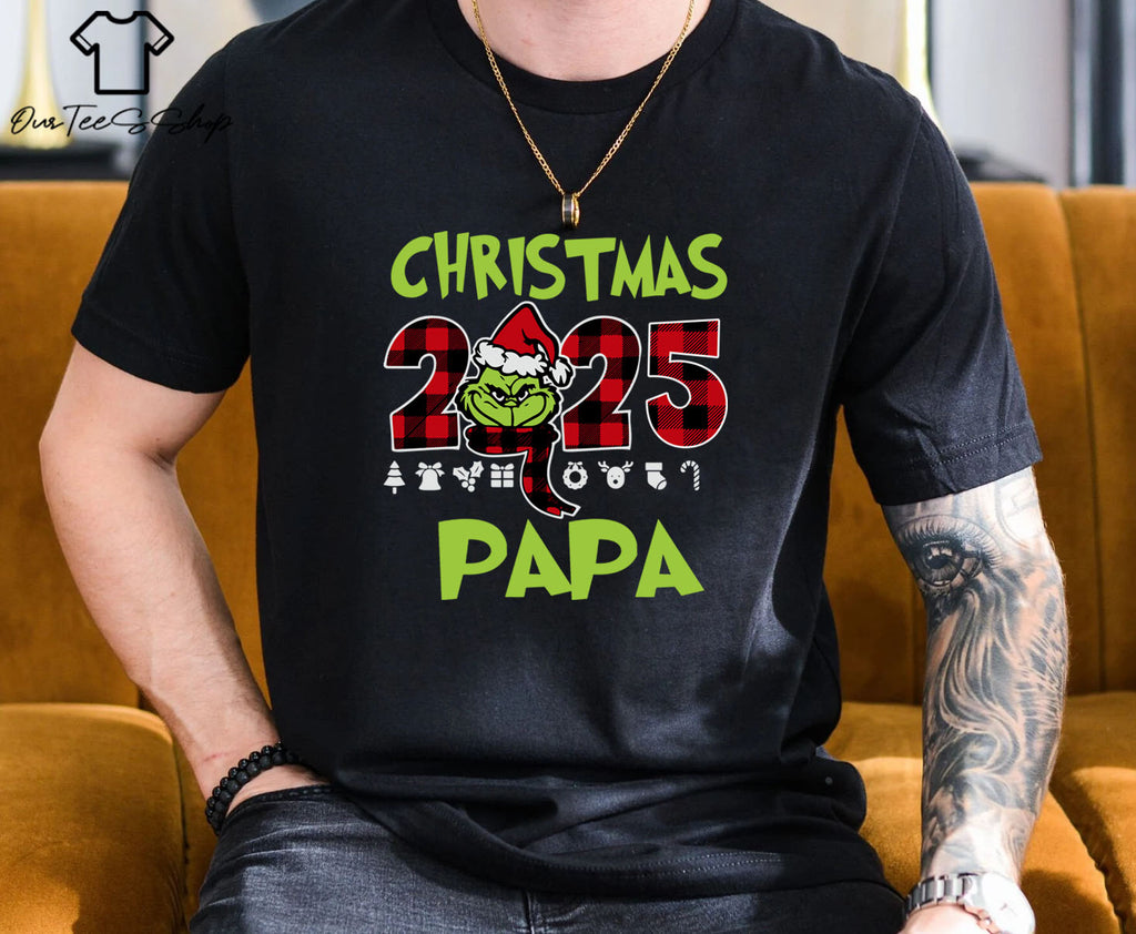 Christmas 2025 Papa Grinch Buffalo Plaid T-Shirt, Grinch Face Tee, Grinchmas Shirt