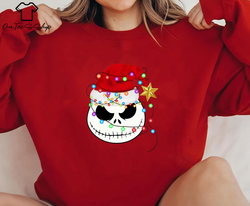 Jack Skellington Christmas Hat T-Shirt, Skellington Face Xmas Tee, Christmas Lights Shirt