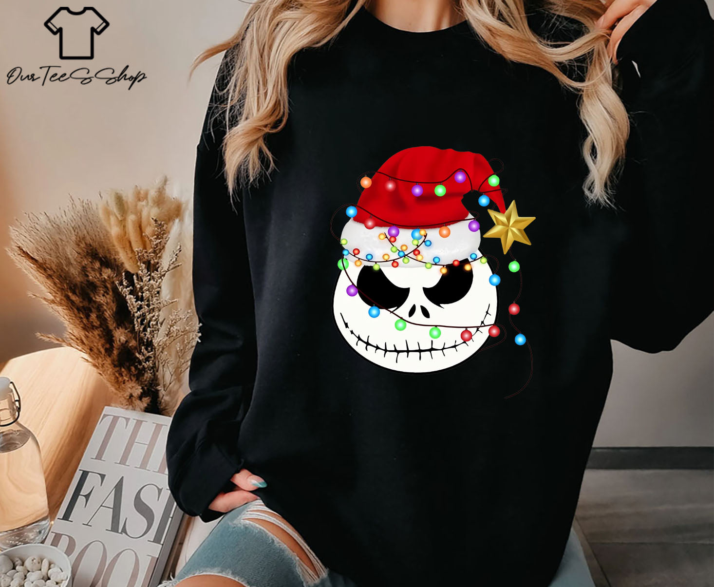 Jack Skellington Christmas Hat T-Shirt, Skellington Face Xmas Tee, Christmas Lights Shirt