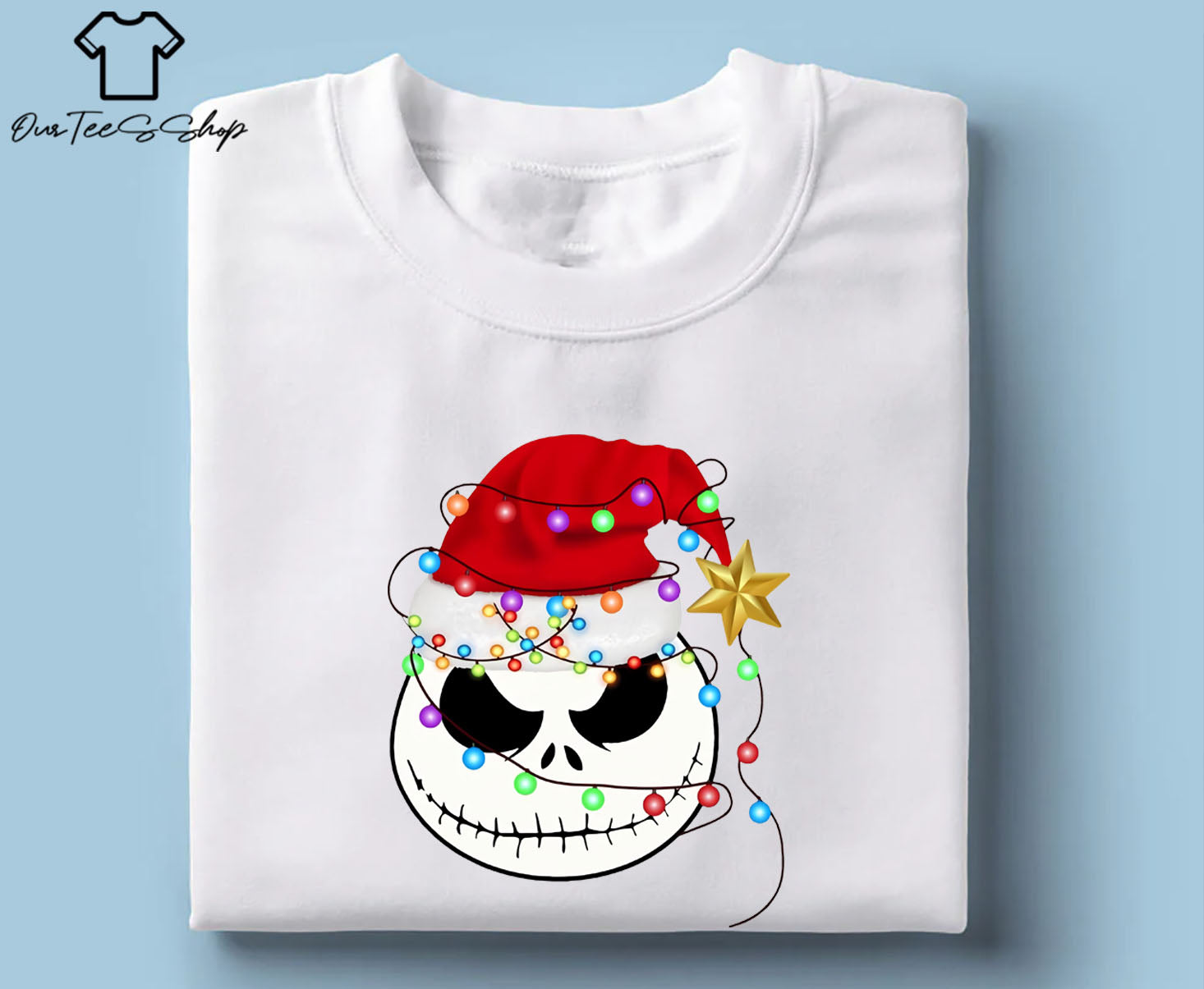 Jack Skellington Christmas Hat T-Shirt, Skellington Face Xmas Tee, Christmas Lights Shirt