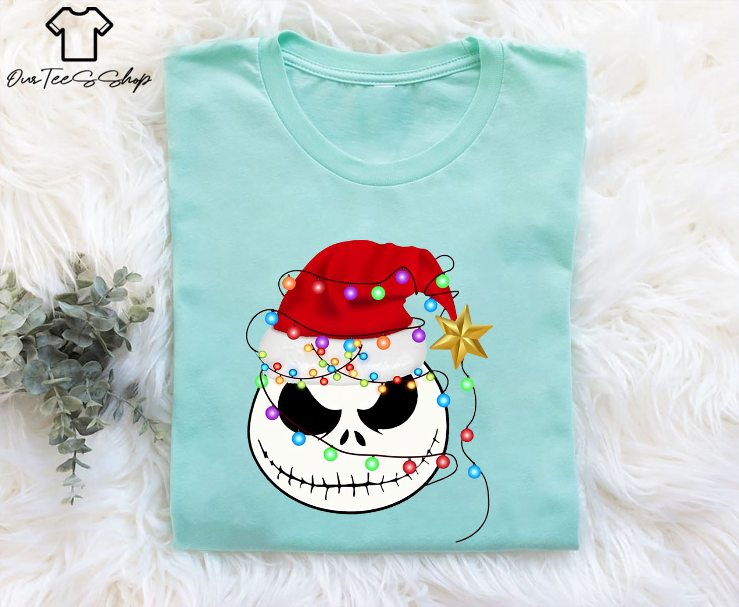 Jack Skellington Christmas Hat T-Shirt, Skellington Face Xmas Tee, Christmas Lights Shirt