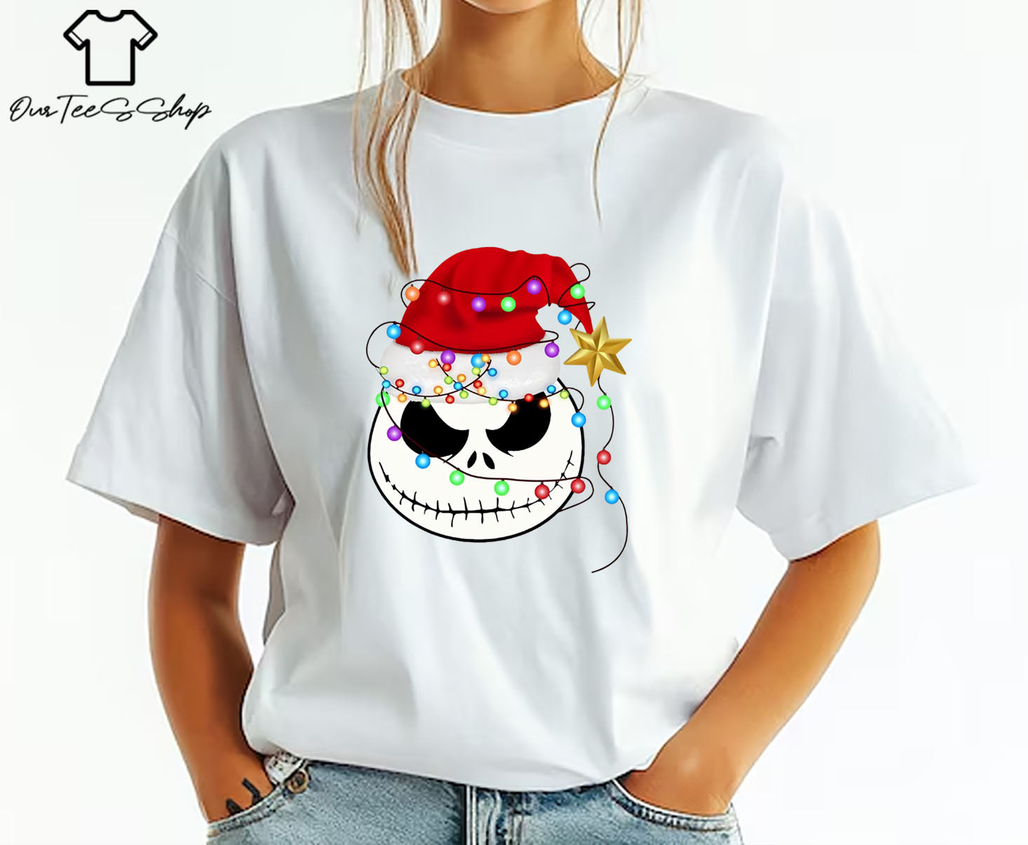 Jack Skellington Christmas Hat T-Shirt, Skellington Face Xmas Tee, Christmas Lights Shirt