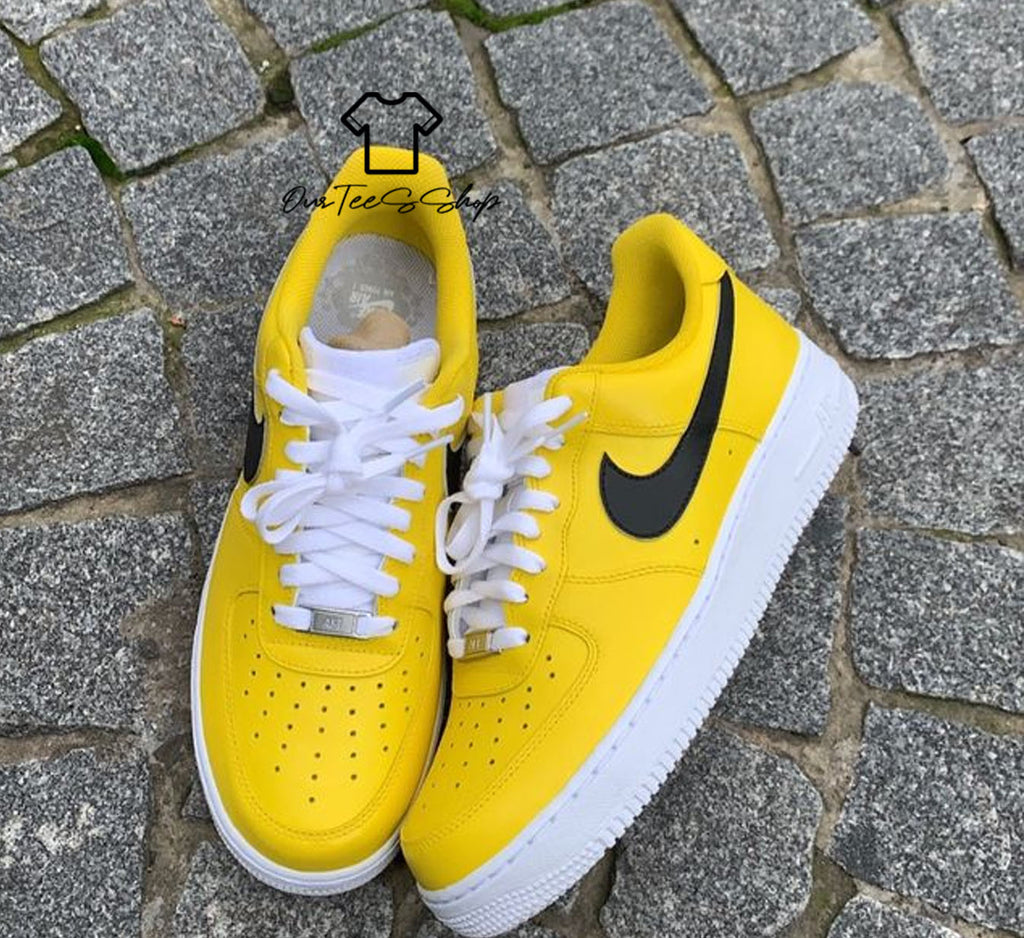 Custom Air Force 1 Yellow Black Swoosh Sneakers