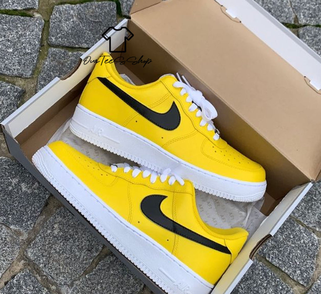 Custom Air Force 1 Yellow Black Swoosh Sneakers